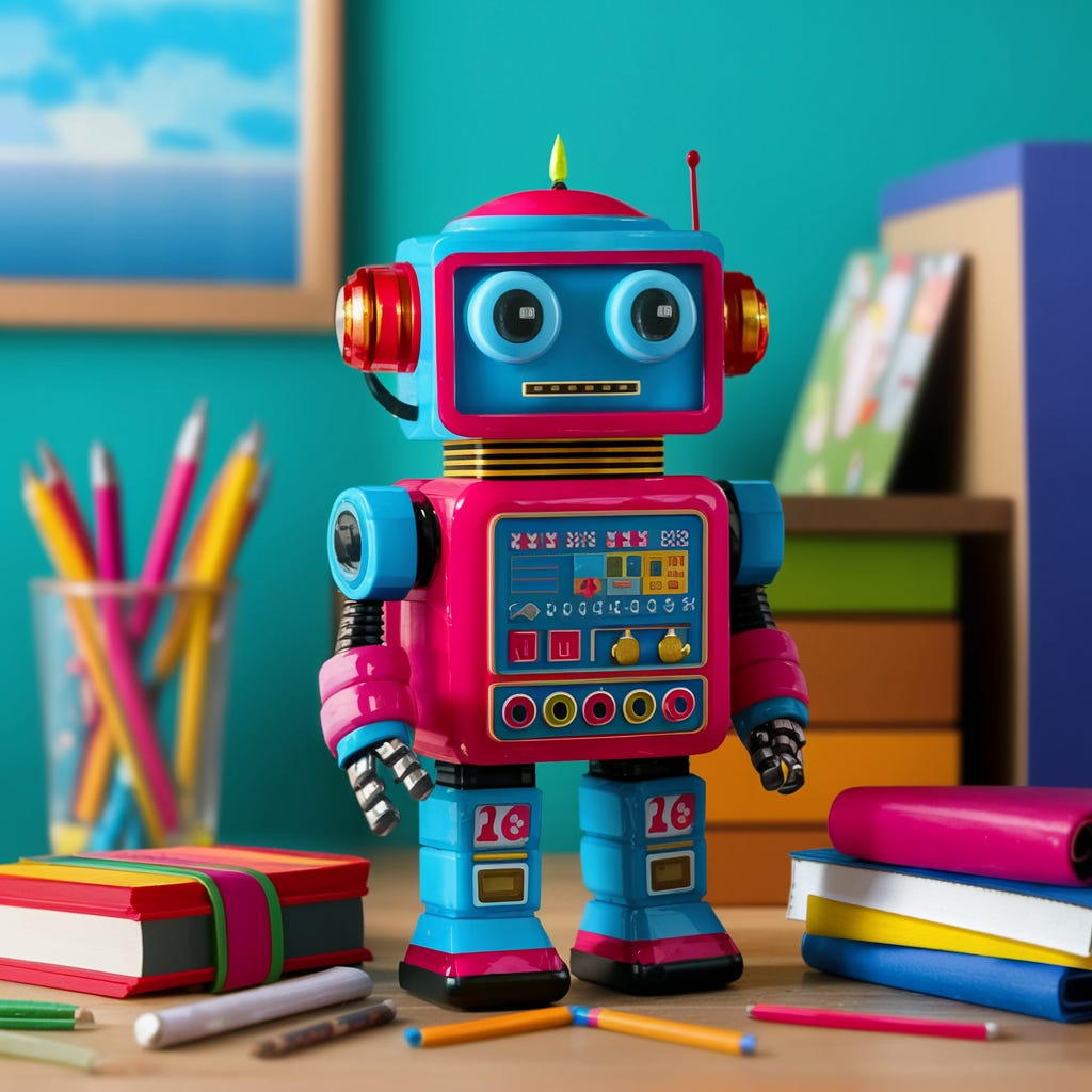 A toy robot stands on a desk surrounded by piles of books.