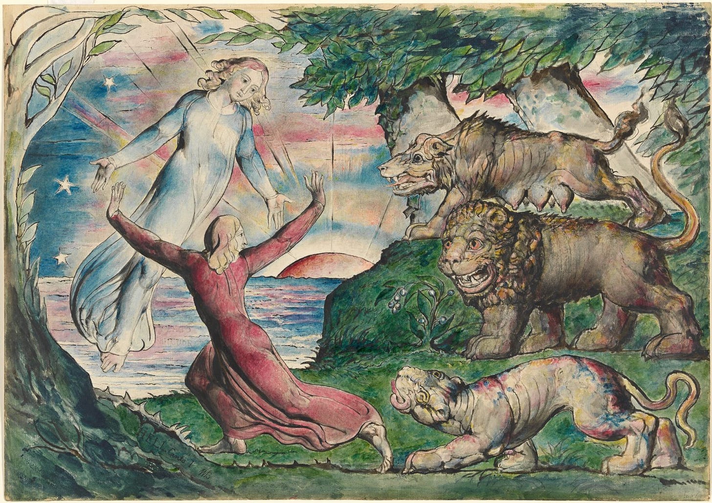 William Blake, Dante running from the three Beasts, illustration for The Divine Comedy by Dante Alighieri (Inferno I, 1-90), National Gallery of Victoria, Melbourne