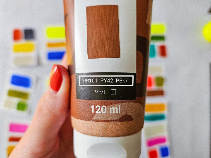Two tubes of paint showing the pigments in these two colors.