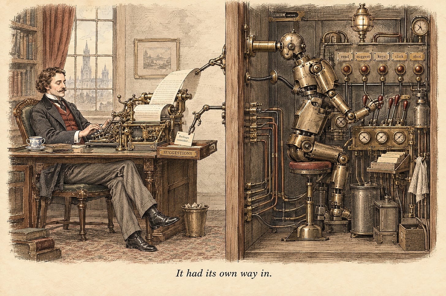 A Victorian writer types on undisturbed while, behind a partition, a brass robot works a panel of levers labelled read, suggest, keys, click and shot, peering over through a periscope and slipping a card into his suggestions tray. Caption: It had its own way in. A Victorian writer types on undisturbed while, behind a partition, a brass robot works a panel of levers labelled read, suggest, keys, click and shot, peering over through a periscope and slipping a card into his suggestions tray. Caption: It had its own way in.