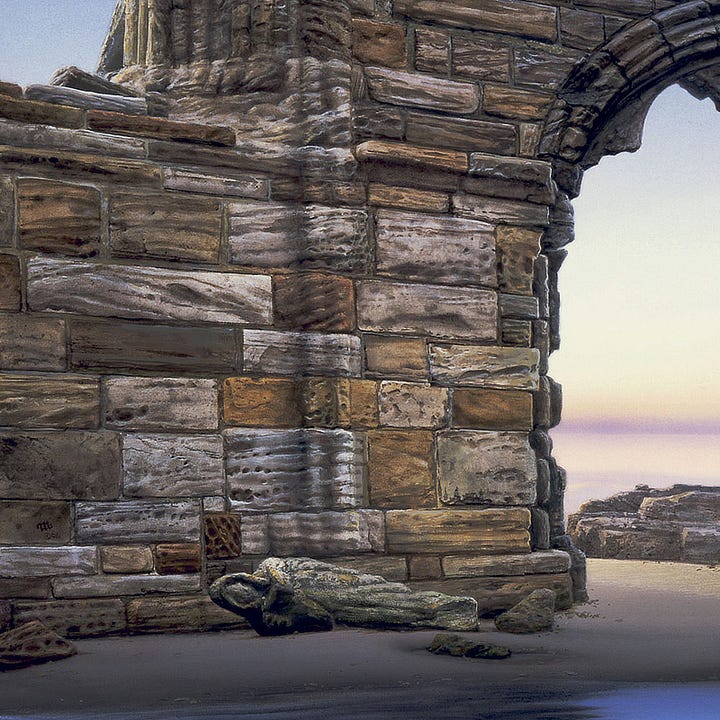 LEFT: Background detail from DAWN PORTAL featuring a robed statue holding a book fallen on its side on the wet sand. The face is now flat and featureless having been eroded with time. The abbey wall behind it is made of mismatched rough stone, varying in color, texture and rectangular dimensions.  RIGHT: Detail from DAWN PORTAL featuring a woman in white gown kneeling at the pointed archway of abbey ruins. Her red hair is braided tightly falling to her mid-back. She wears a white gown that trails behind her to the water’s edge. A pair of statues, a man and woman in robes both holding books, stands in the open air. The female holds her book low while the male clutches a tome to his chest. A fractured column of stone set in layers of rounded blocks rises behind the statues. The rest of the abbey lies in ruins. The sky beyond is blue that fades to the palest yellow then a smoky purple band defining the horizon.