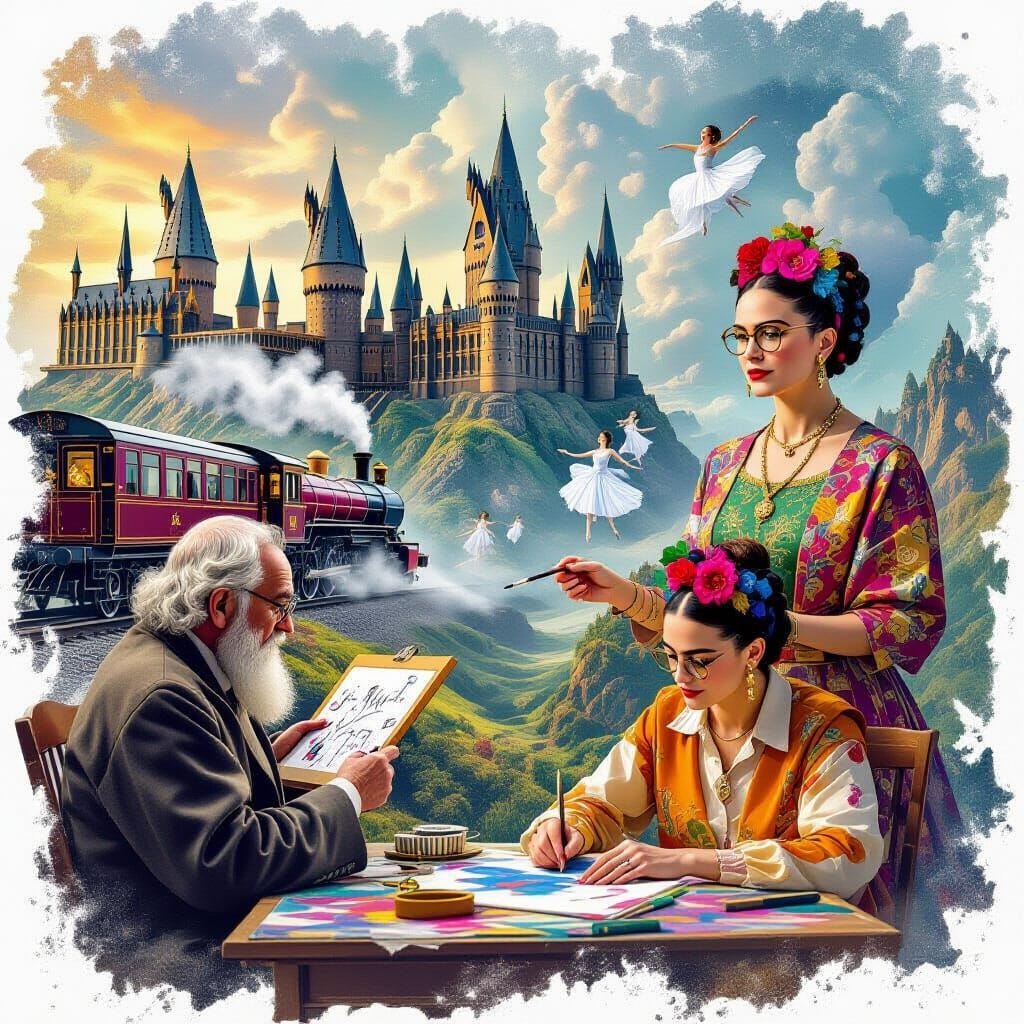 A collage-style montage featuring photos of famous creators (Rowling on a train, Tolkien in trenches, Frida Kahlo at her...