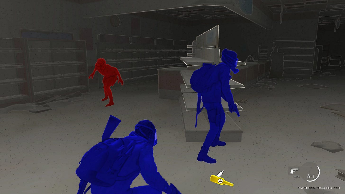 Video game screenshot of two human characters sneaking past a zombie-like enemy in a store. The scenery is all gray. The friendly characters are blue. The enemy is red. And an item (a bottle) nearby is yellow. Video game screenshot of two human characters sneaking past a zombie-like enemy in a store. The scenery is all gray. The friendly characters are blue. The enemy is red. And an item (a bottle) nearby is yellow.