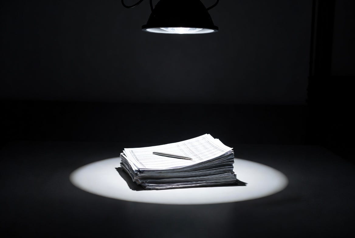 A stack of financial documents on a black table lit by a single tight overhead spotlight, the top page open and mid-review with dense columns of numbers visible, a pen resting across the page, everything beyond the circle of light in complete darkness. A stack of financial documents on a black table lit by a single tight overhead spotlight, the top page open and mid-review with dense columns of numbers visible, a pen resting across the page, everything beyond the circle of light in complete darkness.