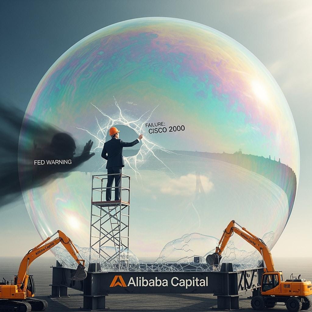 A photorealistic surreal cinematic shot from inside a giant iridescent soap bubble. A 40-year-old Chinese investor (KP) dressed as an architect stands on a scaffold examining the bubbles fragile wall.Three elements are visible1. A large scar_image_1