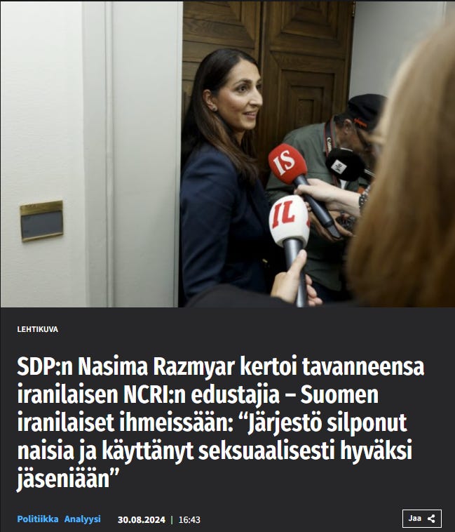 Iranilaiset shia-islamistiset raiskaajat ovat lähellä SDP:n Nasima Razmyarin sydäntä. Iran on Venäjän läheisin geopoliittinen liittolainen – joten Venäjältä tuotu vaikuttaja tietenkin kaveeraa terroristivaltion ja sen edustajien kanssa. Iranilaiset shia-islamistiset raiskaajat ovat lähellä SDP:n Nasima Razmyarin sydäntä. Iran on Venäjän läheisin geopoliittinen liittolainen – joten Venäjältä tuotu vaikuttaja tietenkin kaveeraa terroristivaltion ja sen edustajien kanssa.