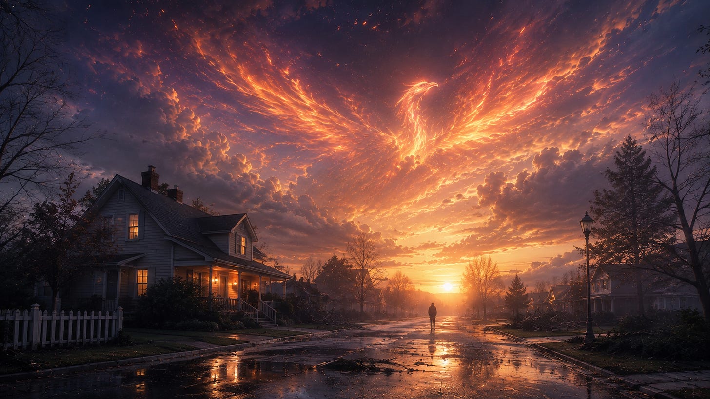A solitary figure stands on a rain-soaked neighborhood street at dawn as storm clouds open around a luminous phoenix-like formation in the sky, symbolizing transformation, resilience, and renewal. A solitary figure stands on a rain-soaked neighborhood street at dawn as storm clouds open around a luminous phoenix-like formation in the sky, symbolizing transformation, resilience, and renewal.