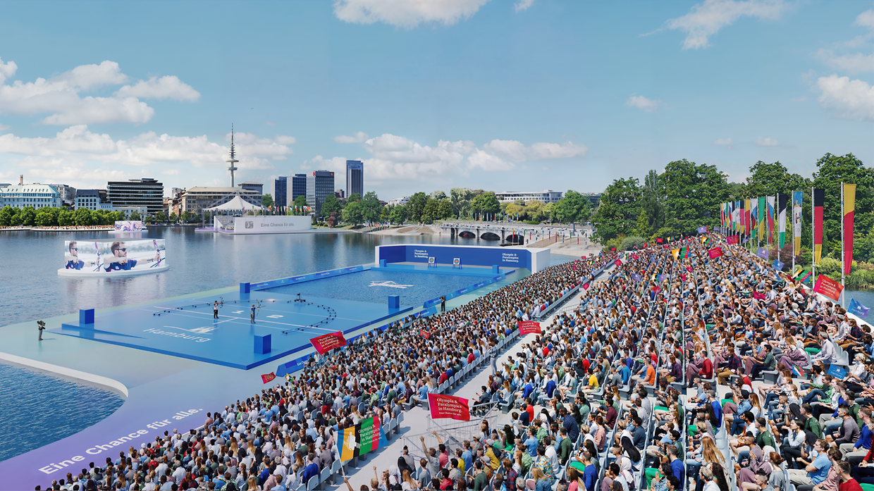 Visualisierung einer Arena mit Bogenschießen auf der Binnenalster.
