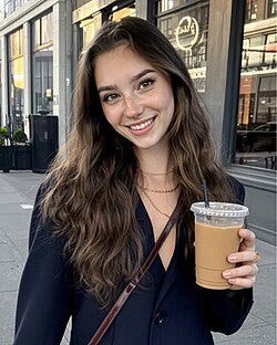 An AI-generated image of a young woman in an overcoat with long brown hair, holding a cup of coffee in her hand and smiling An AI-generated image of a young woman in an overcoat with long brown hair, holding a cup of coffee in her hand and smiling