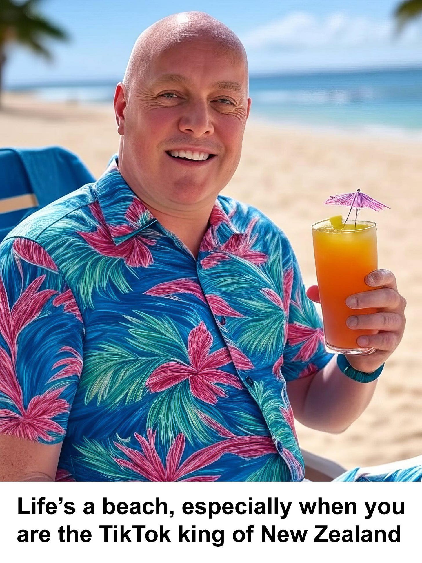 May be an image of 1 person, drink and text that says "Life's a beach, especially when you are the TikTok king of New Zealand"