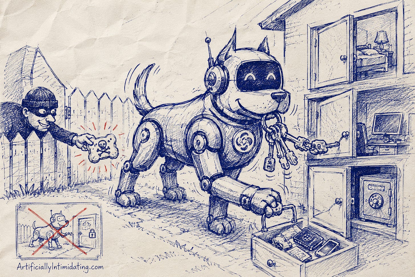 AI-generated editorial cartoon showing a giant robotic guard dog representing an AI agent happily accepting a poisoned dog biscuit from a masked burglar reaching through a fence. The robot immediately unlocks doors, safes, and drawers throughout a house while helping the burglar gain access, illustrating Microsoft's AutoJack warning that a malicious webpage can trick an AI agent into compromising the very system it is supposed to protect.