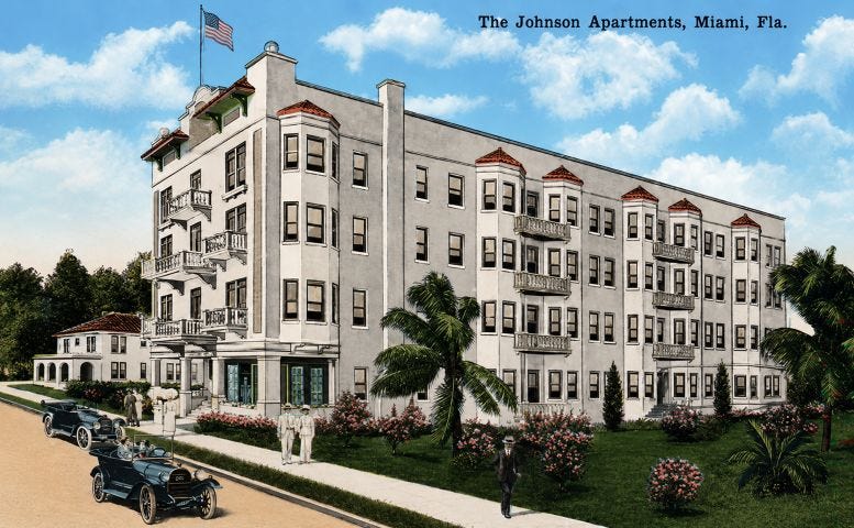 Postcard of the Johnson Apartments at 227 NE Second Street in downtown Miami. Courtesy of Casey M. Piket. Postcard of the Johnson Apartments at 227 NE Second Street in downtown Miami. Courtesy of Casey M. Piket.