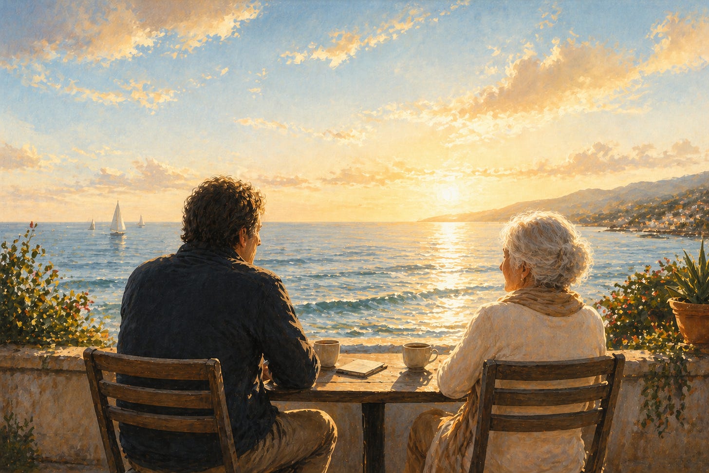 Two people at different life stages sitting at coastal table overlooking ocean, representing intergenerational conversation about reinvention between ages 40 and 80.