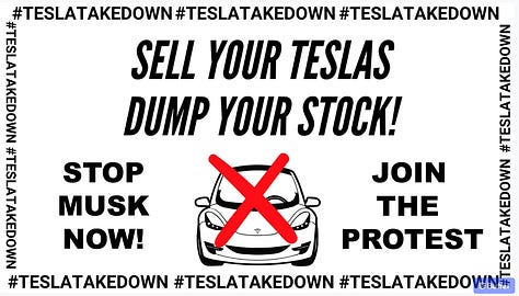Images from Takedown Tesla: map of actions, marketing image for the protest, a man wearing an american flag themed outfit and a cyber truck made out of cardboards, with fake flames, know your protest rights from the ACLU, and a protest sign reading 'Sell your teslas dump your stock"