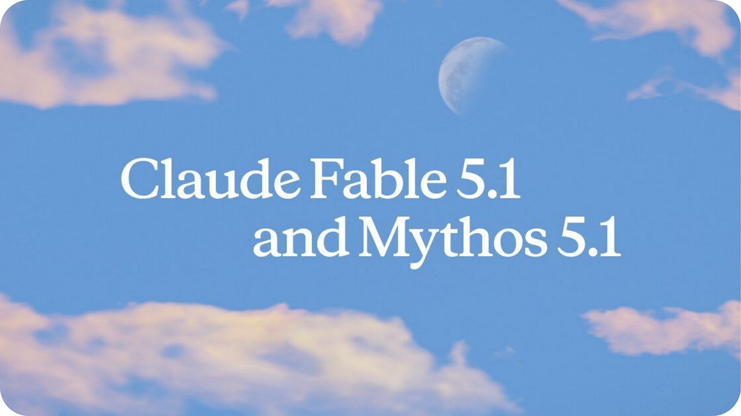 Anuncio de Claude Fable 5.1 y Mythos 5.1 sobre un cielo azul con nubes y la Luna
