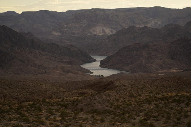 Water flows down the Colorado River downriver from Hoover Dam in northwest Arizona.
