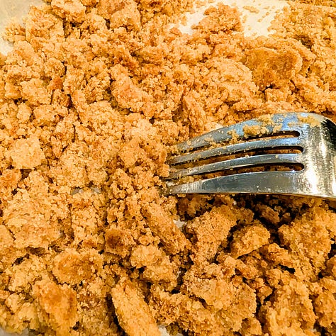 Three-step process for making kinako crumbles: mixture combined in a bowl, spread evenly on a baking sheet, and broken into golden pieces with a fork after baking.