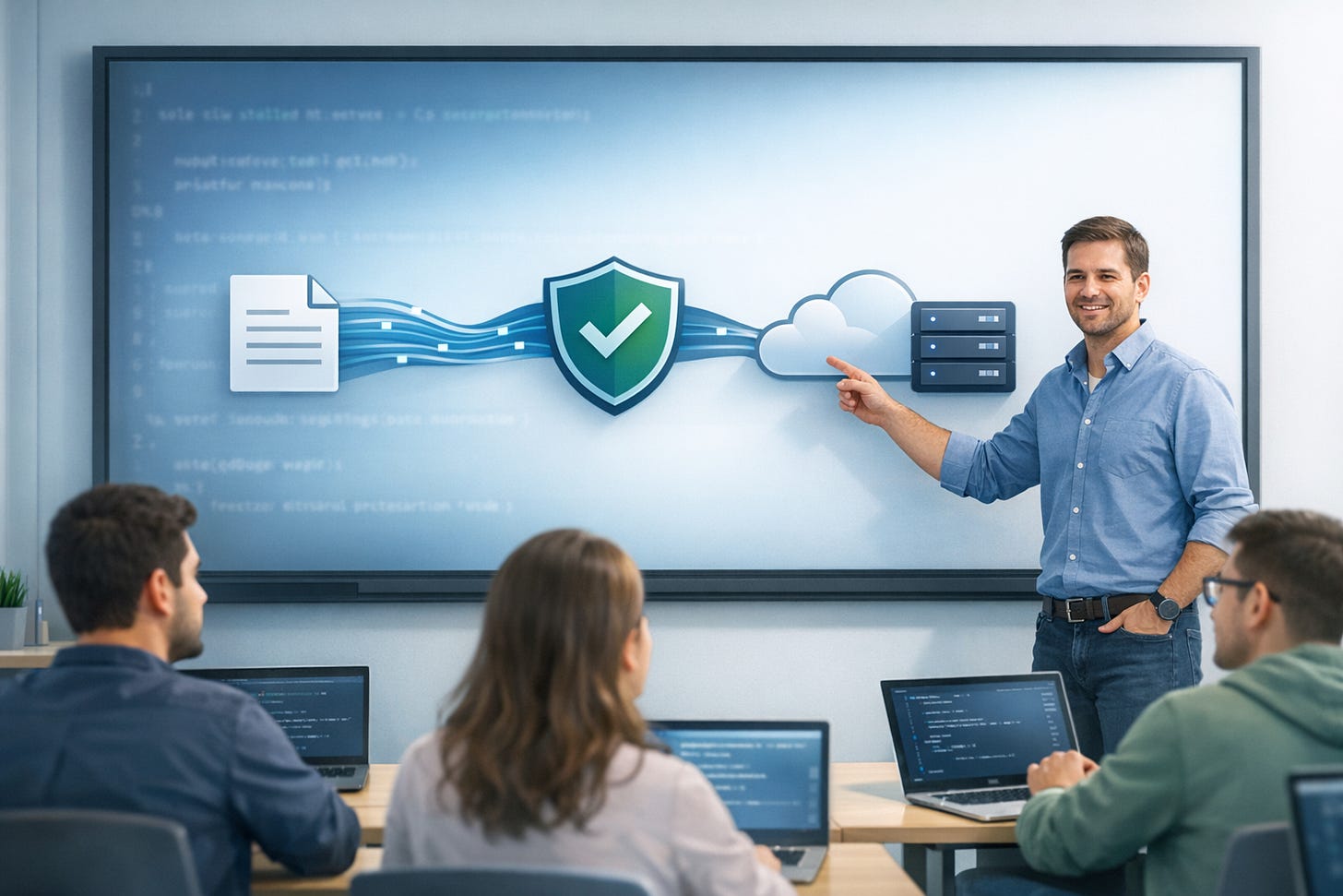 Instructor presenting a secure cloud data transfer diagram to a class of students with laptops.
