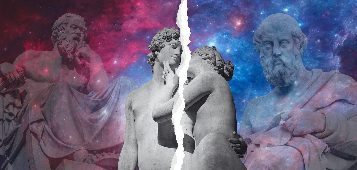 A digital collage set against a starry cosmic background that fades from magenta on the left to deep blue on the right. Flanking the image are two classical bearded Greek philosopher statues. In the center, a statue of a romantic couple embracing is visually separated by a jagged, vertical white paper-tear effect, symbolising a split soul.