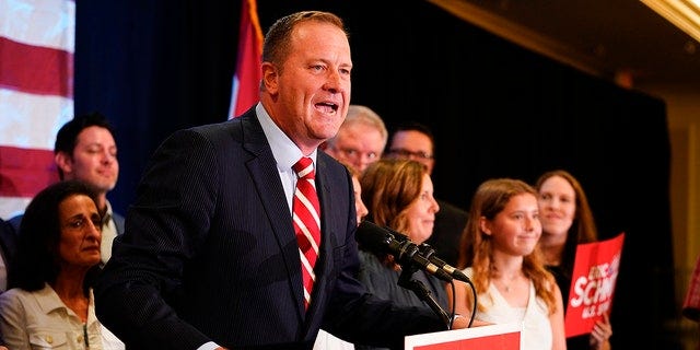 Missouri Attorney General Eric Schmitt speaks after winning the Republican primary for U.S. Senate on Aug. 2, 2022.