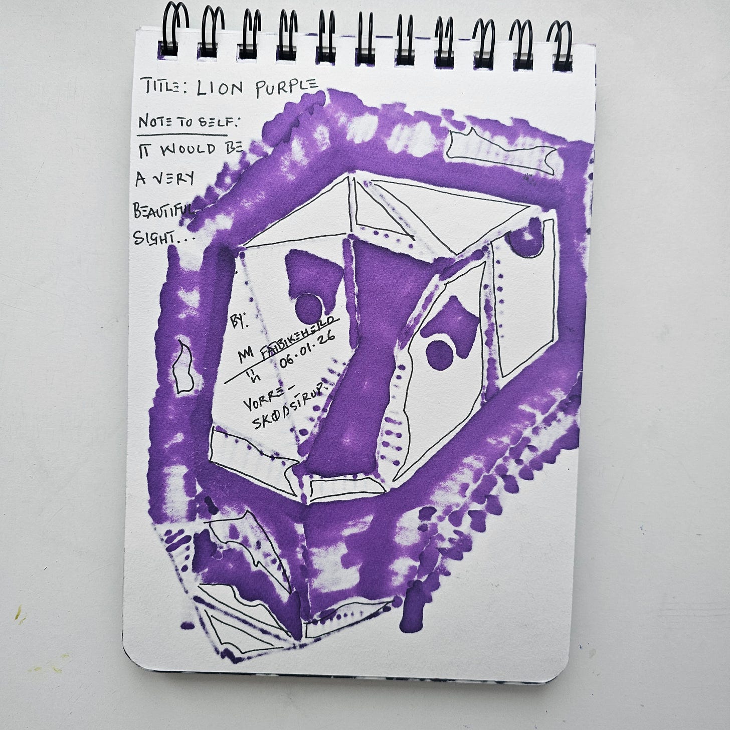    "The reverse side of an artwork by FatbikeHero, showing handwritten provenance notes. Text includes 'Title: Lion Purple', date '06.01.26', location 'Vorre-Skødstrup', and the artist's signature 'MM / FatbikeHero'."