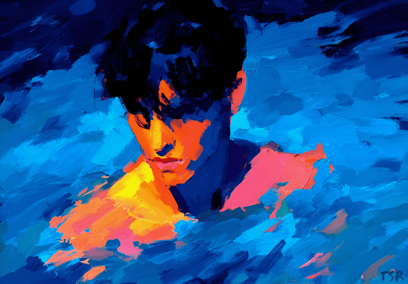 Close-up of a young black-haired man partially submerged in deep navy water, his skin glowing orange as if lit by sunset. He gazes off to the side with a slight frown, concentration on his face.