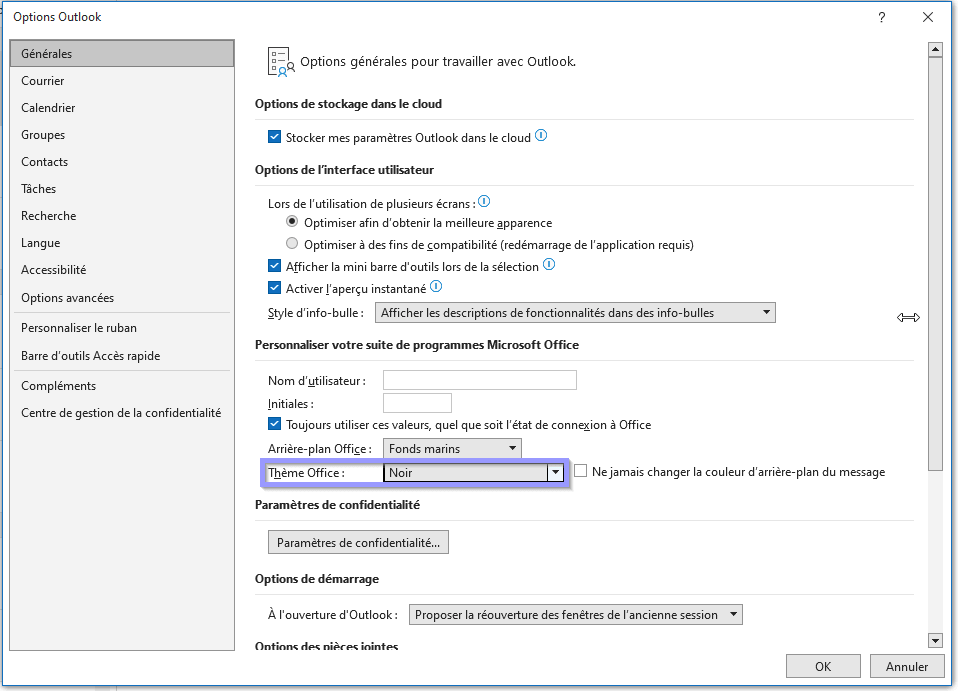 dark mode office 365 explication pas à pas