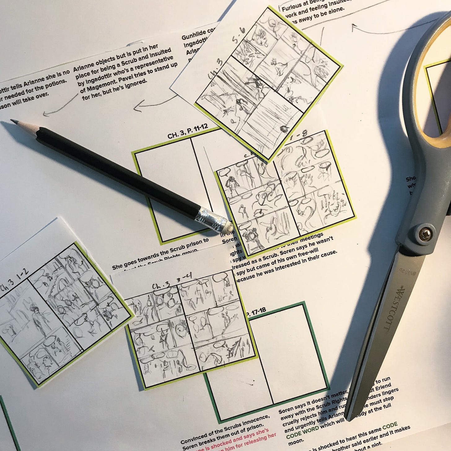 Photograph of graphic novelist K. Woodman-Maynard’s thumbnailing process for her graphic novels. 