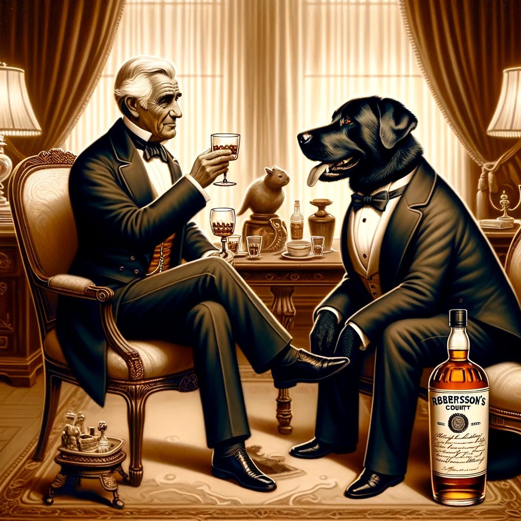 A person in a suit sitting in a chair with a dog

Description automatically generated