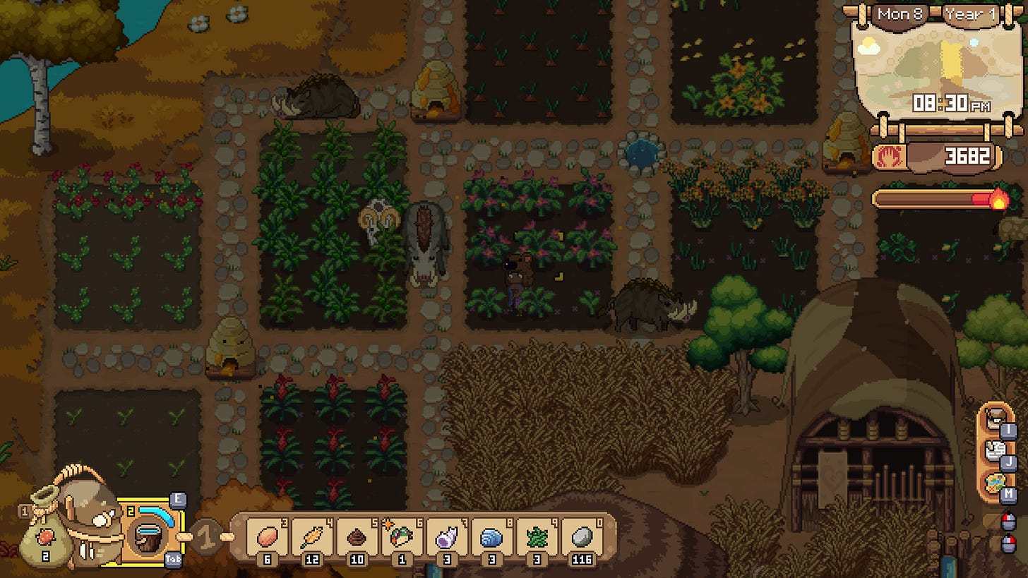 A screenshot of Roots of Pacha, showing a number of crops growing growing in a grid, as well as behives and several boars grazing.