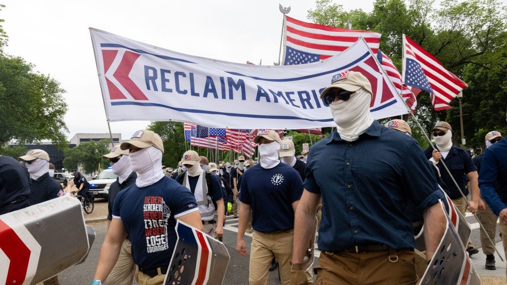 Members of the far-right group Patriot Front are seen marching through Washington, DC on May 13th, 2023.