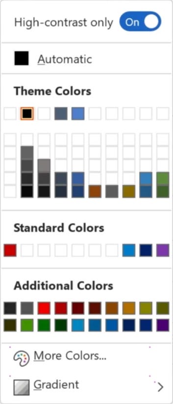 Colour checker from Microsoft Office with the High Contrast Colour Only option available, and colours presented in the pallette below being high-contrast only.