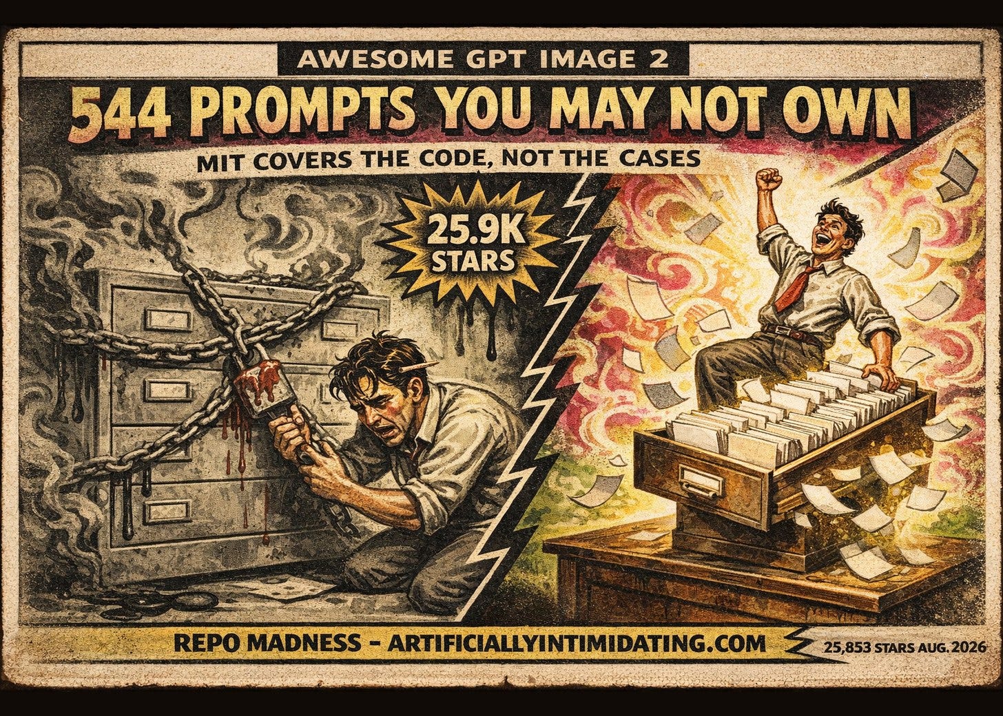 Two-panel poster. Left: a man pries at a chained, wax-sealed filing cabinet with blank drawer labels. Right: he cheers over an open drawer of unmarked filing cards. Lettering: AWESOME GPT IMAGE 2, 544 PROMPTS YOU MAY NOT OWN, 25.9K STARS. Two-panel poster. Left: a man pries at a chained, wax-sealed filing cabinet with blank drawer labels. Right: he cheers over an open drawer of unmarked filing cards. Lettering: AWESOME GPT IMAGE 2, 544 PROMPTS YOU MAY NOT OWN, 25.9K STARS.