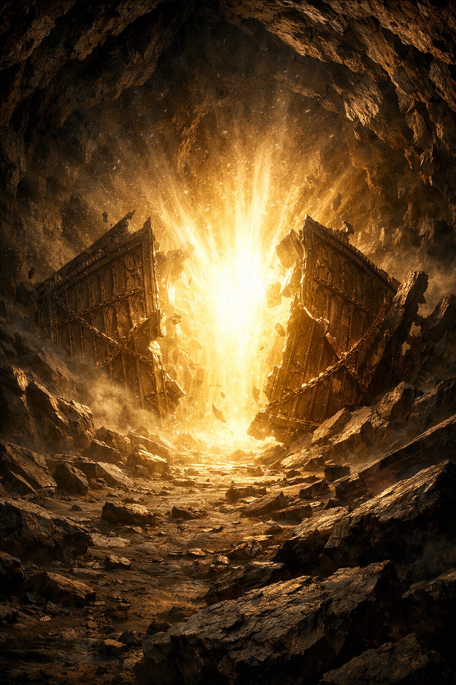 Golden light shatters the gates of a dark abyss, depicting the cosmic reality of the Harrowing of Hell.