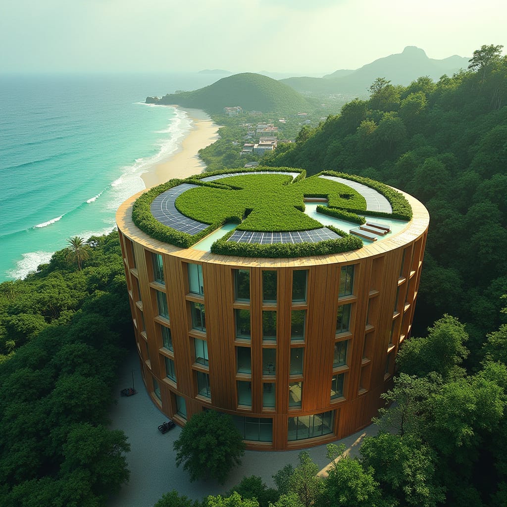 A modern green, sustainable circular complex in Jamaica, designed with natural wood exteriors, is topped with a living green roof to blend with the environment. Solar panels line the roof to harness renewable energy, and water harvesting systems ensure efficient use of natural resources. The circular design allows ample natural light through large glass windows, enhancing energy efficiency while providing panoramic views. Below the residential floors, commercial spaces with shops add convenience and vibrancy to the structure, making it a hub for both locals and tourists. Situated near the beach, this eco-friendly development harmonizes luxury and sustainability with nature.
