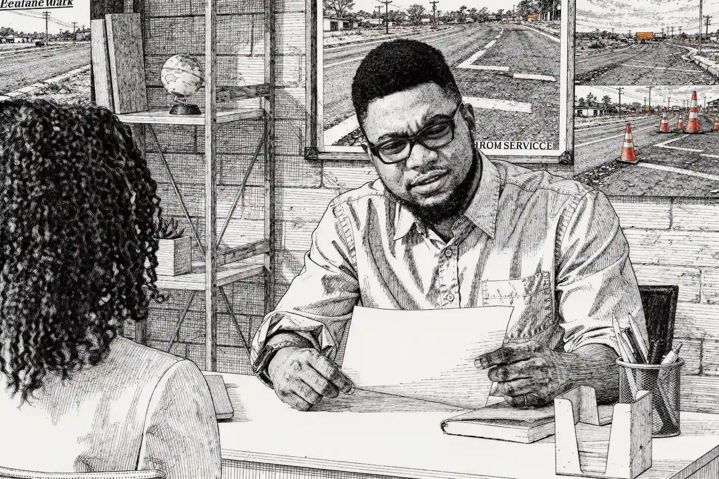 residential concrete contractor reviews employee application in candidate interview