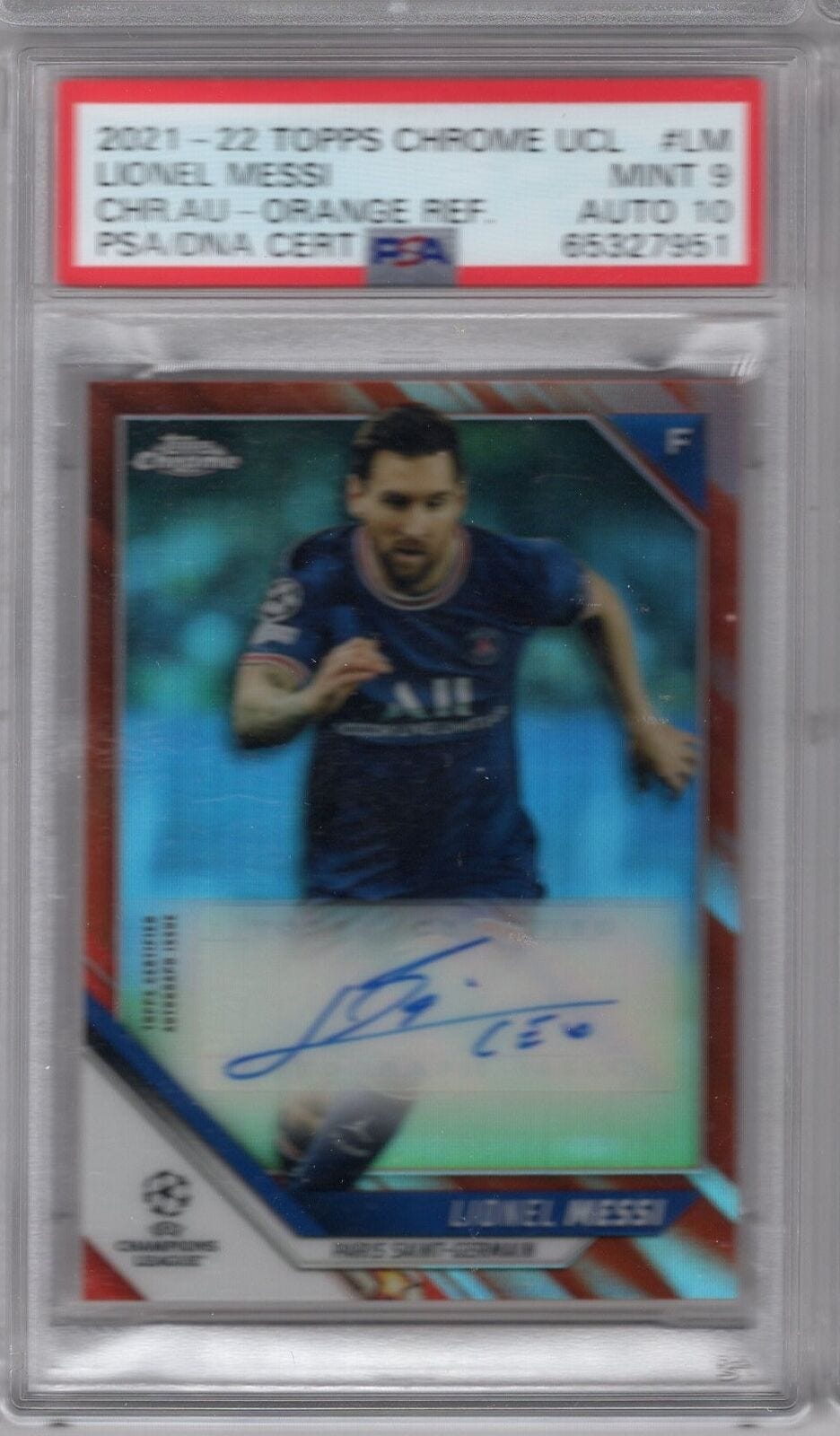 2021 Topps Chrome UCL Orange Refractor AUTO #LM Lionel Messi PSA 9 - Picture 1 of 2