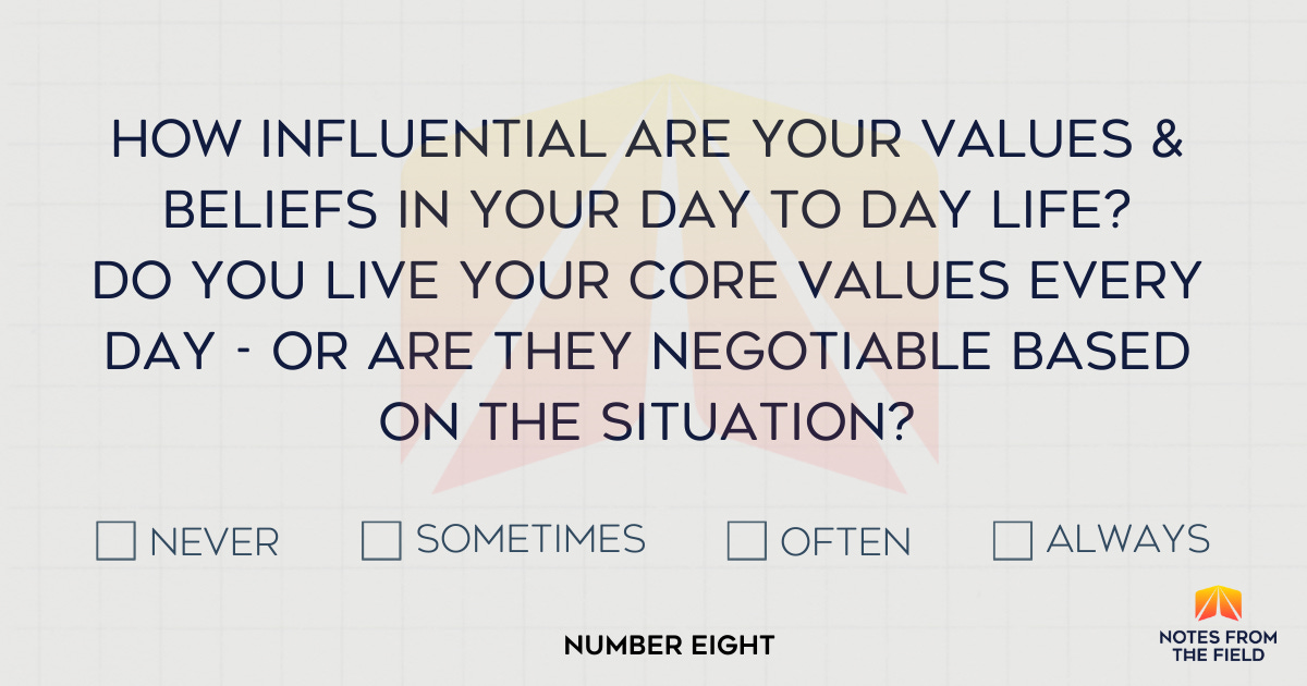 How influential are your values & beliefs in your day to day life? Do you live your core values every day - or are they negotiable based on the situation? How influential are your values & beliefs in your day to day life? Do you live your core values every day - or are they negotiable based on the situation?