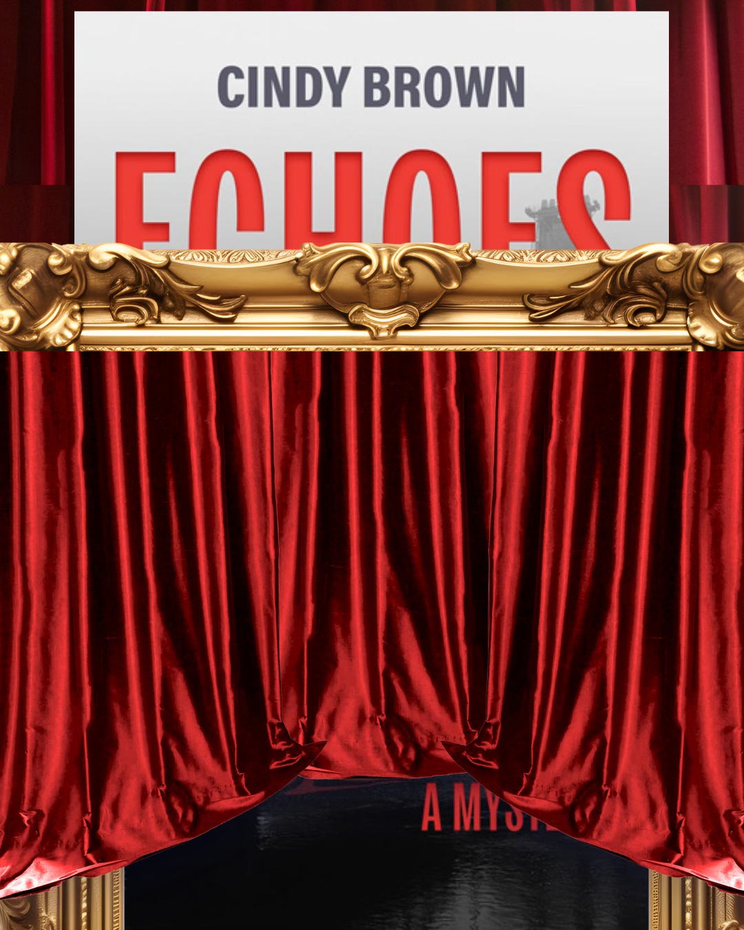 Red curtains mostly obscure a book cover