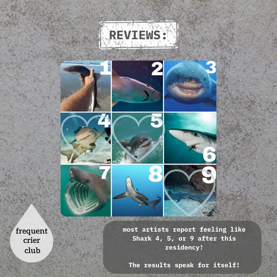 a grid of 9 sharks which embody the following moods: 1, The littlest baby; 2, Unsure; 3, Very confident; 4, Mr. Popular (has fans); 5, Playful silly goofy; 6, Tongue out blep; 7, Stinky overstimulated face; 8, head empty; & 9, in love/supported.  Shark 4, 5, and 9 have a faint heart over their faces. Beneath that graphic is the following text:   Most artists report feeling like Shark 4, 5, or 9 after this residency! The results speak for itself!