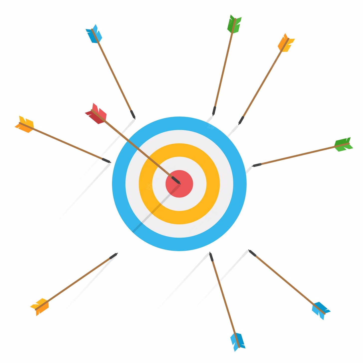 Premium Vector | Business challenge failure concept. many arrows missed  hitting target mark and only one hits the center. shot miss. failed  inaccurate attempts to hit archery target.