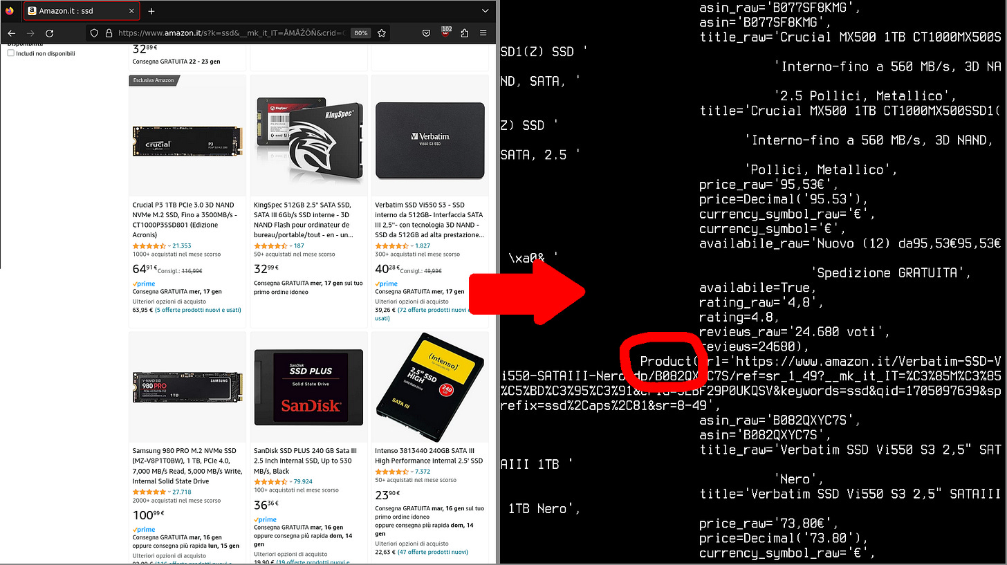 A comparison between a search result page and its scraped data on a terminal