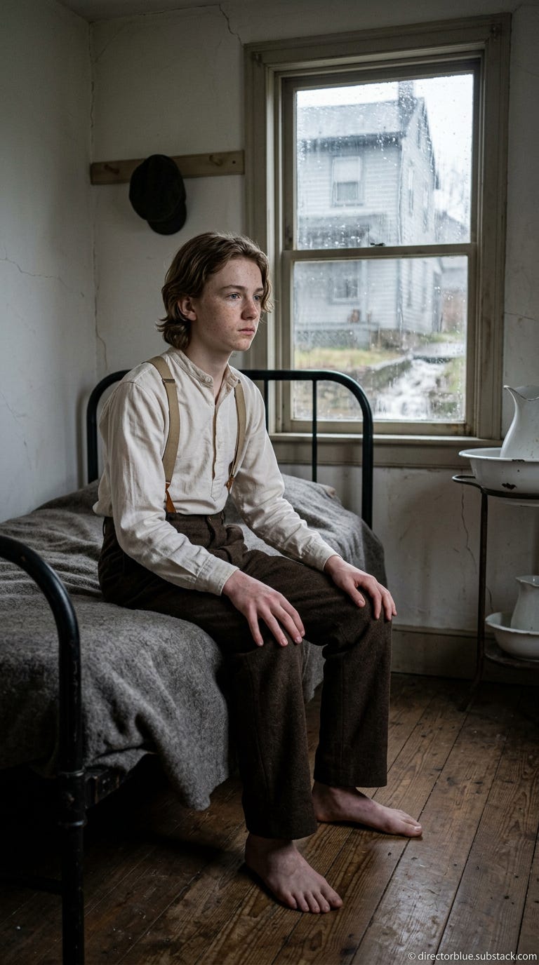 IMAGE PROMPT FOR UNIVERSITY HISTORY CLASS REENACTMENT H201 Photorealistic 9x16 vertical portrait photograph interior of a modest second-floor bedroom in an 1889 working-class Pennsylvania home A lean wiry sixteen-year-old boy light brown sl_image_1 IMAGE PROMPT FOR UNIVERSITY HISTORY CLASS REENACTMENT H201 Photorealistic 9x16 vertical portrait photograph interior of a modest second-floor bedroom in an 1889 working-class Pennsylvania home A lean wiry sixteen-year-old boy light brown sl_image_1