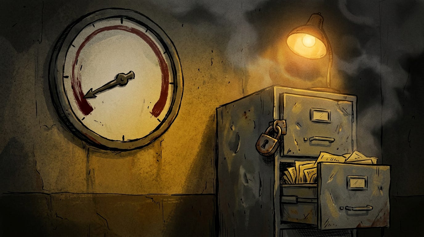 A large wall dial with its needle fallen to the bottom, above a padlocked steel filing cabinet overflowing with papers. A large wall dial with its needle fallen to the bottom, above a padlocked steel filing cabinet overflowing with papers.