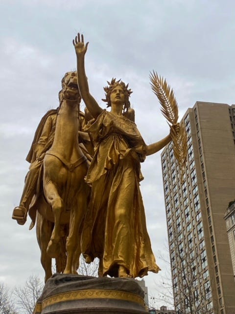 The Sherman Monument from the front, looking up at Victory, her arm raised in front of Sherman's horse.