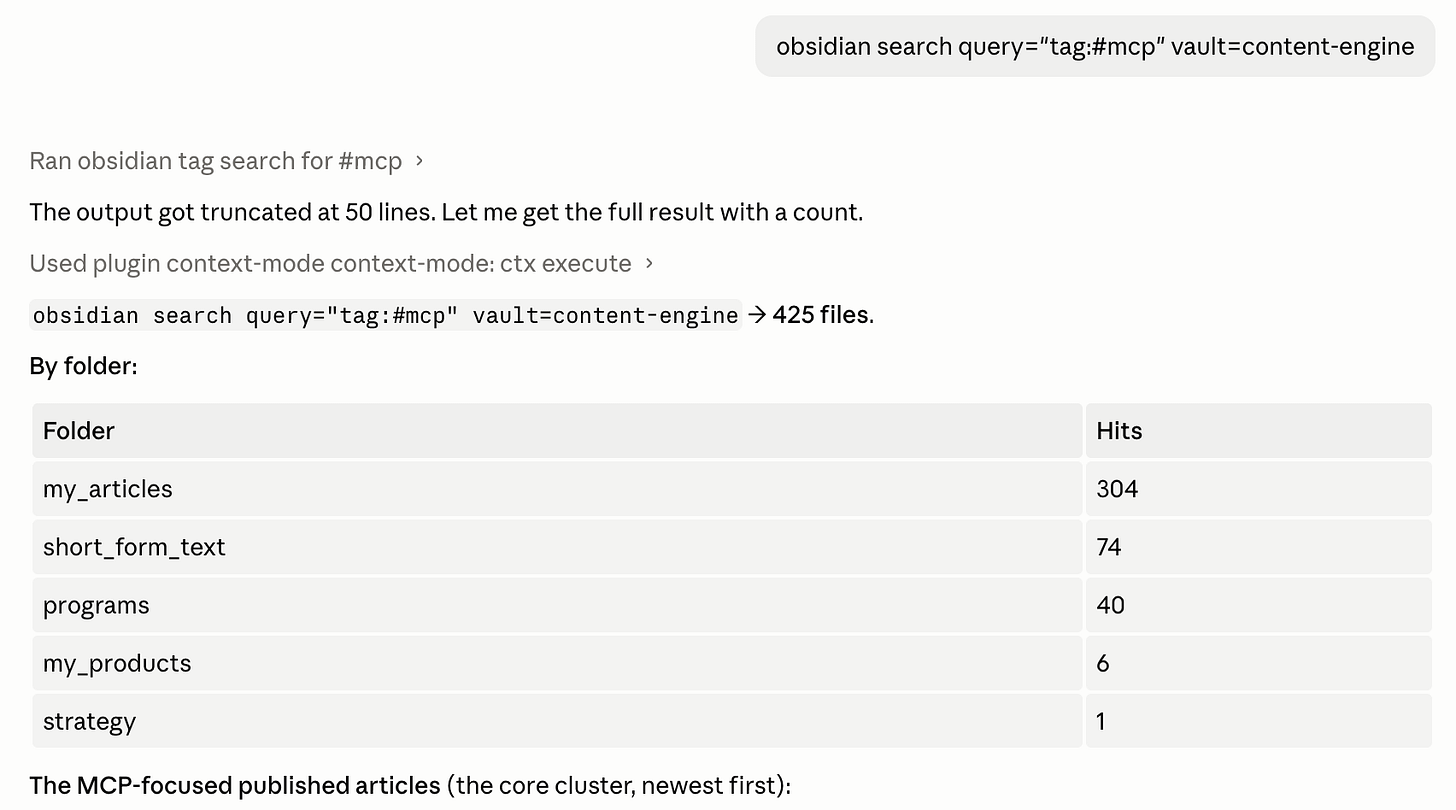 An Obsidian tag search for #mcp returning 428 files grouped by folder, the cross-folder cluster surfaced in one query.