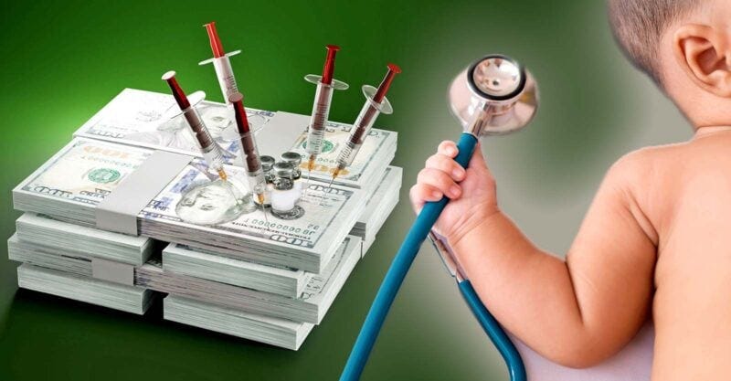 money, vaccine bottles and baby