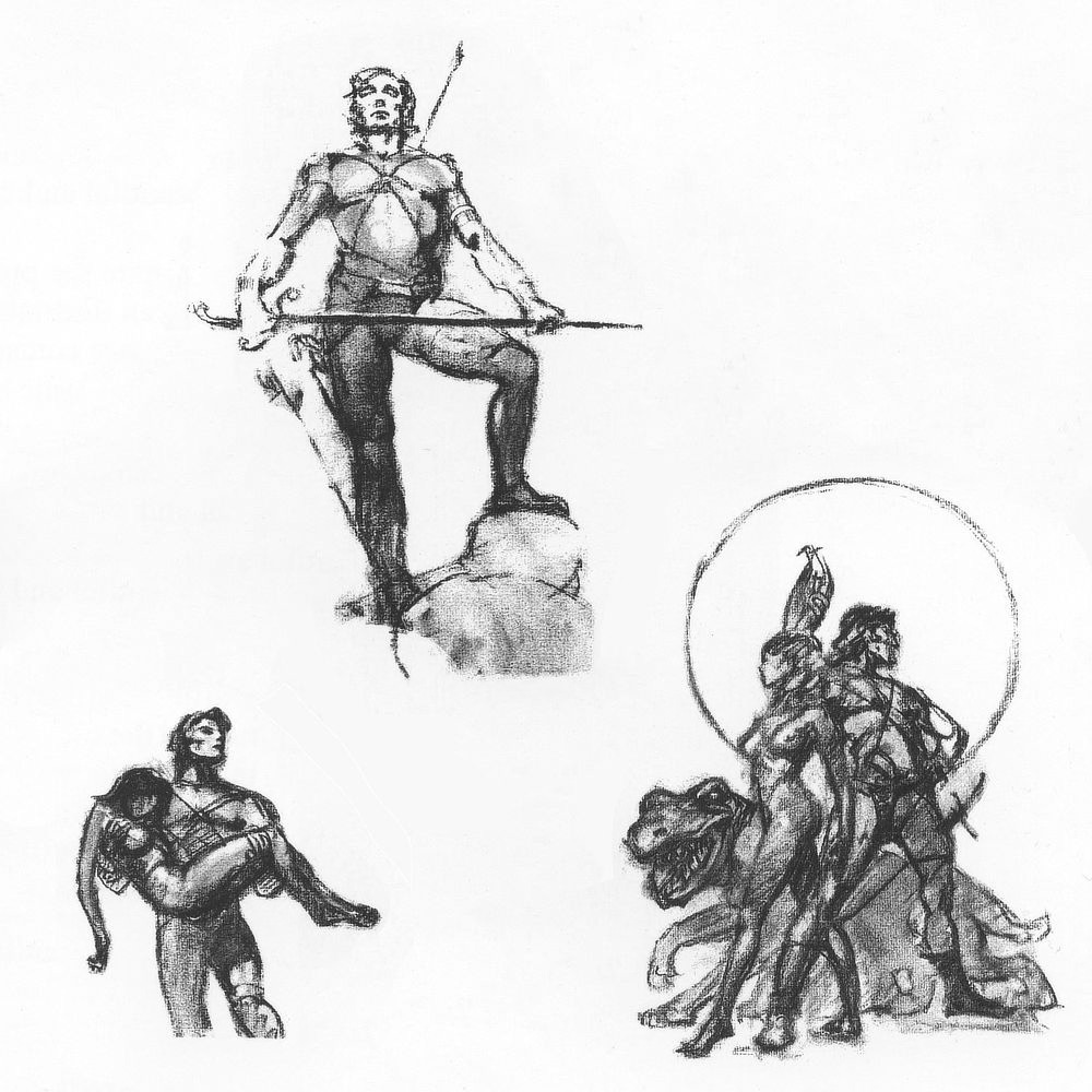 A trio of rough black and white sketches for A PRINCESS OF MARS. The smallest sketch features John Carter carrying Dejah Thoris. The middle sketch features him standing with one leg raised on a stone and a sword held in front of him by hilt and blade. His head is back in a haughty pose. The sketch on the right features Dejah Thoris and John Carter standing back to back. Her body language is regal while he holds hands on hips in a dashing pose. The many legged lizard Woola stands behind them. A simple circle representing the full moon frames their upper bodies.