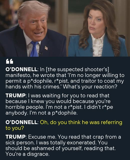 May be an image of text that says 'O'DONNELL: In [the suspected shooter's] manifesto, he wrote that 'I'm no longer willing to permit a p*dophile, *pist, and traitor to coat my hands with his crimes. What's your reaction? TRUMP: was waiting for you to read that because knew you would because you're horrible people. I'm not a r*pist. |didn't r*pe anybody. I'm not a p dophile. O'DONNELL: Oh, do you think he was referring to you? TRUMP: Excuse me. You read that crap from sick person. was totally exonerated. You should be ashamed of yourself, reading that. You're a disgrace. a'