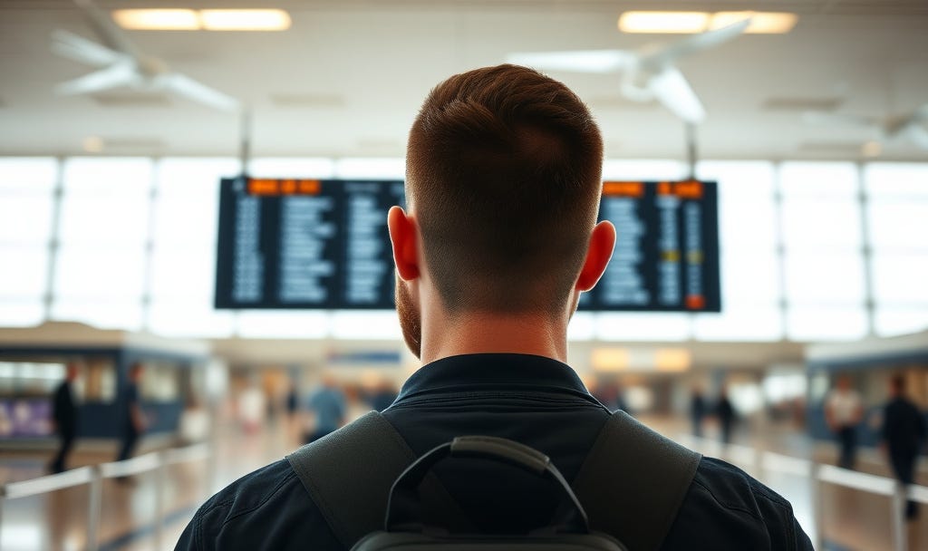 man with a beard looking at a departure board in a terminal. autism ADHD burnout recovery acceptance man with a beard looking at a departure board in a terminal. autism ADHD burnout recovery acceptance